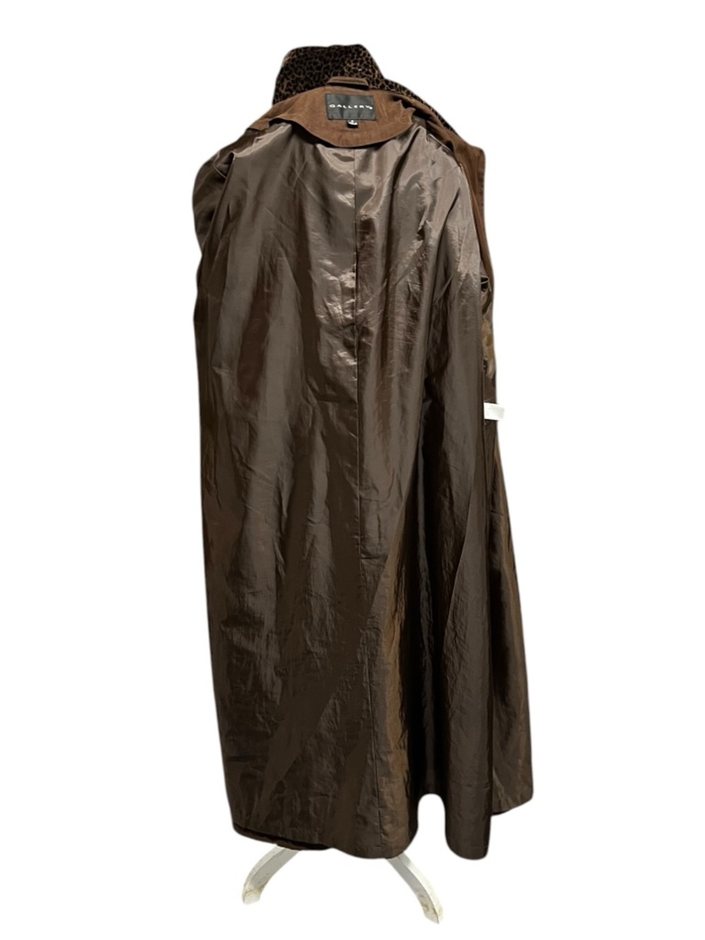 🌻Vintage 90s Gallery Brown Hooded Trench Coat Leopard Print Hood Lining Size 8 - Picture 8 of 10